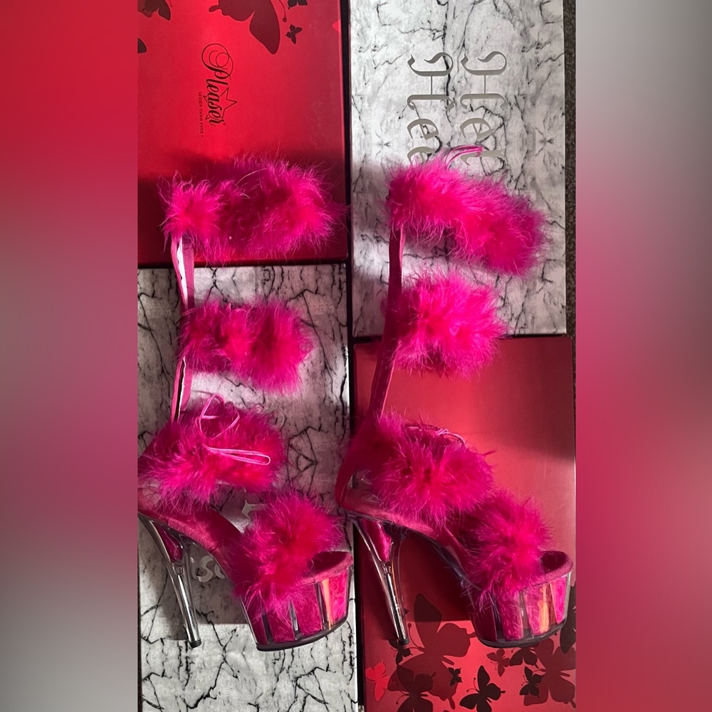 Adore-728F Hot Pink Marabou Fluffy Fur Stripper Pole Dance Heels Gladiator Shoes - Picture 5 of 14